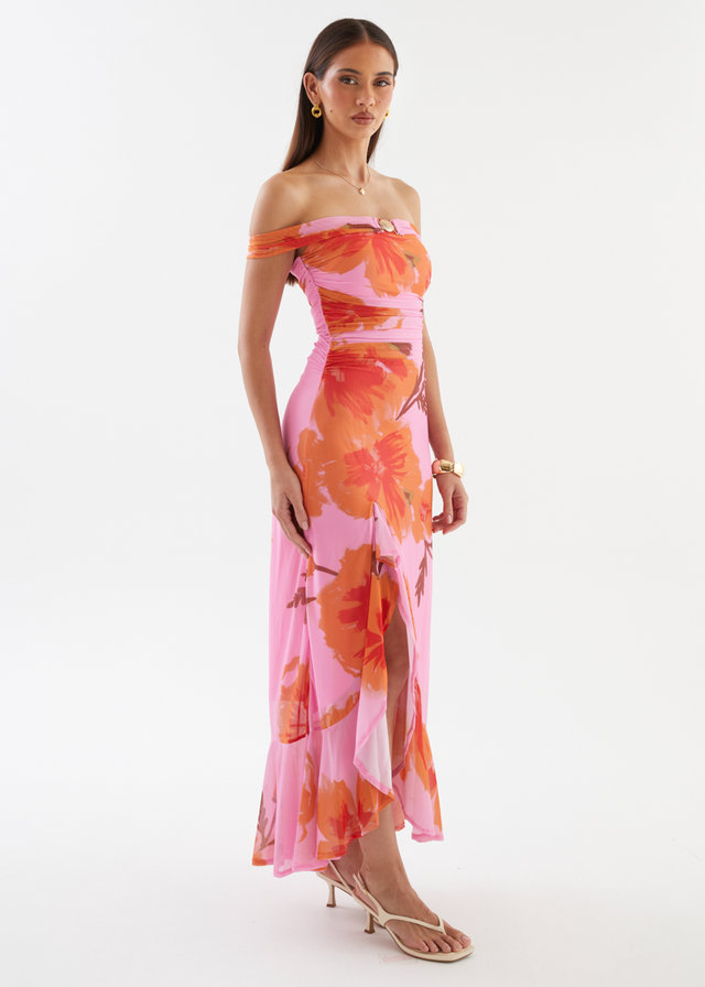 Jiya Off Shoulder Mesh Maxi Dress - Pink Hibiscus