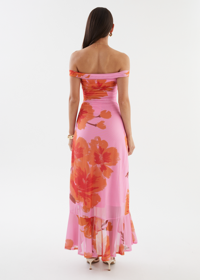 Jiya Off Shoulder Mesh Maxi Dress - Pink Hibiscus