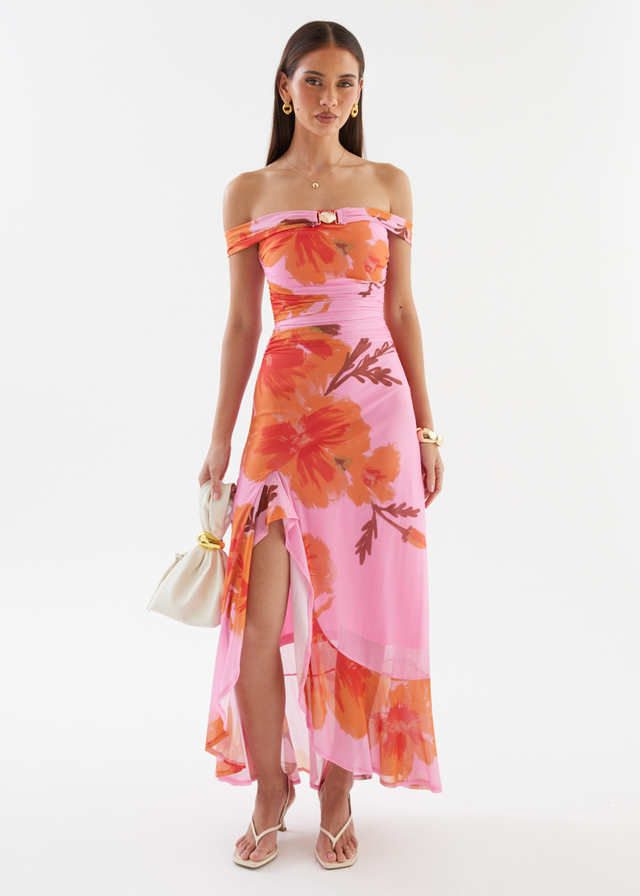 Jiya Off Shoulder Mesh Maxi Dress - Pink Hibiscus