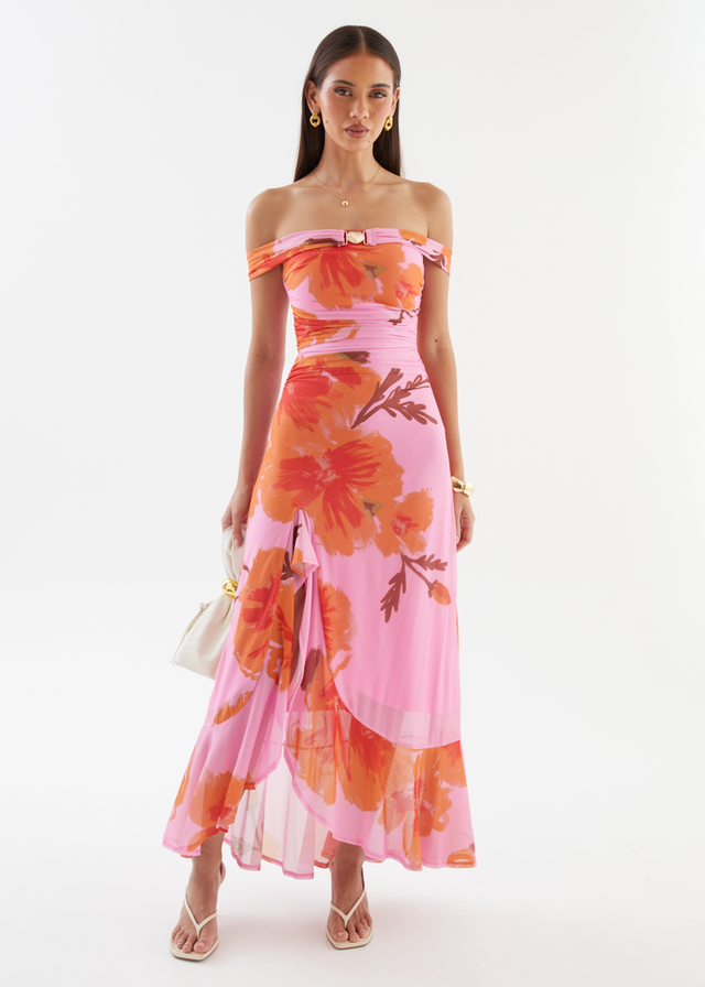 Jiya Off Shoulder Mesh Maxi Dress - Pink Hibiscus