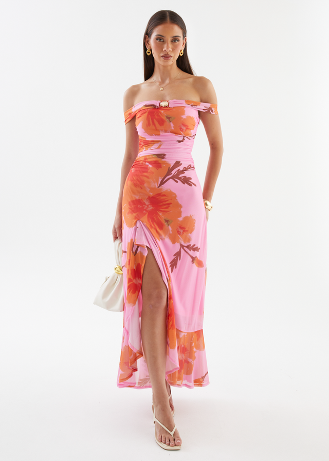 Jiya Off Shoulder Mesh Maxi Dress - Pink Hibiscus