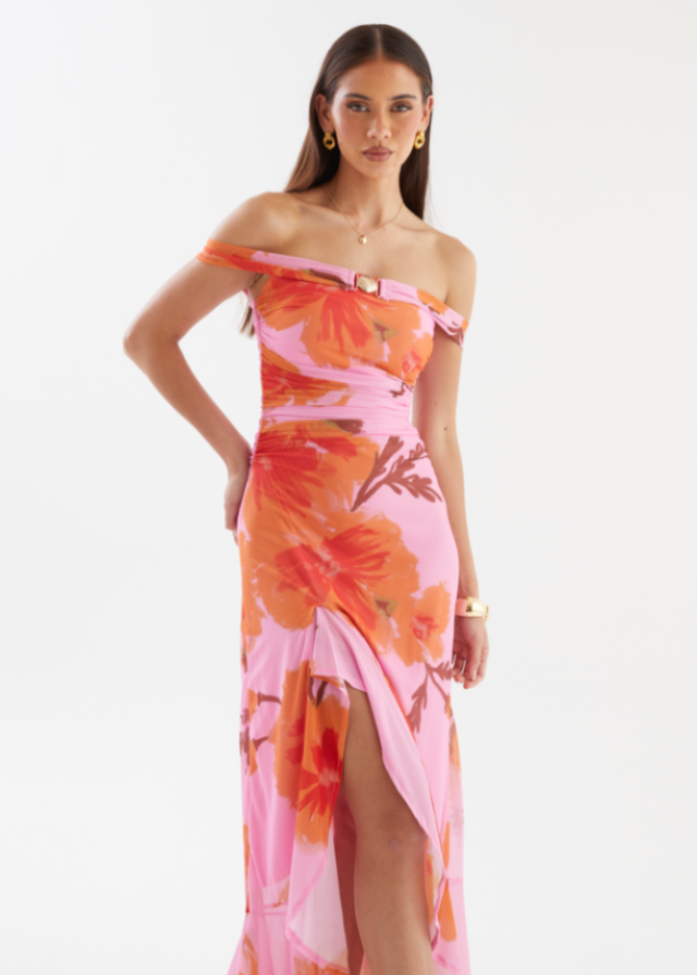 Jiya Off Shoulder Mesh Maxi Dress - Pink Hibiscus