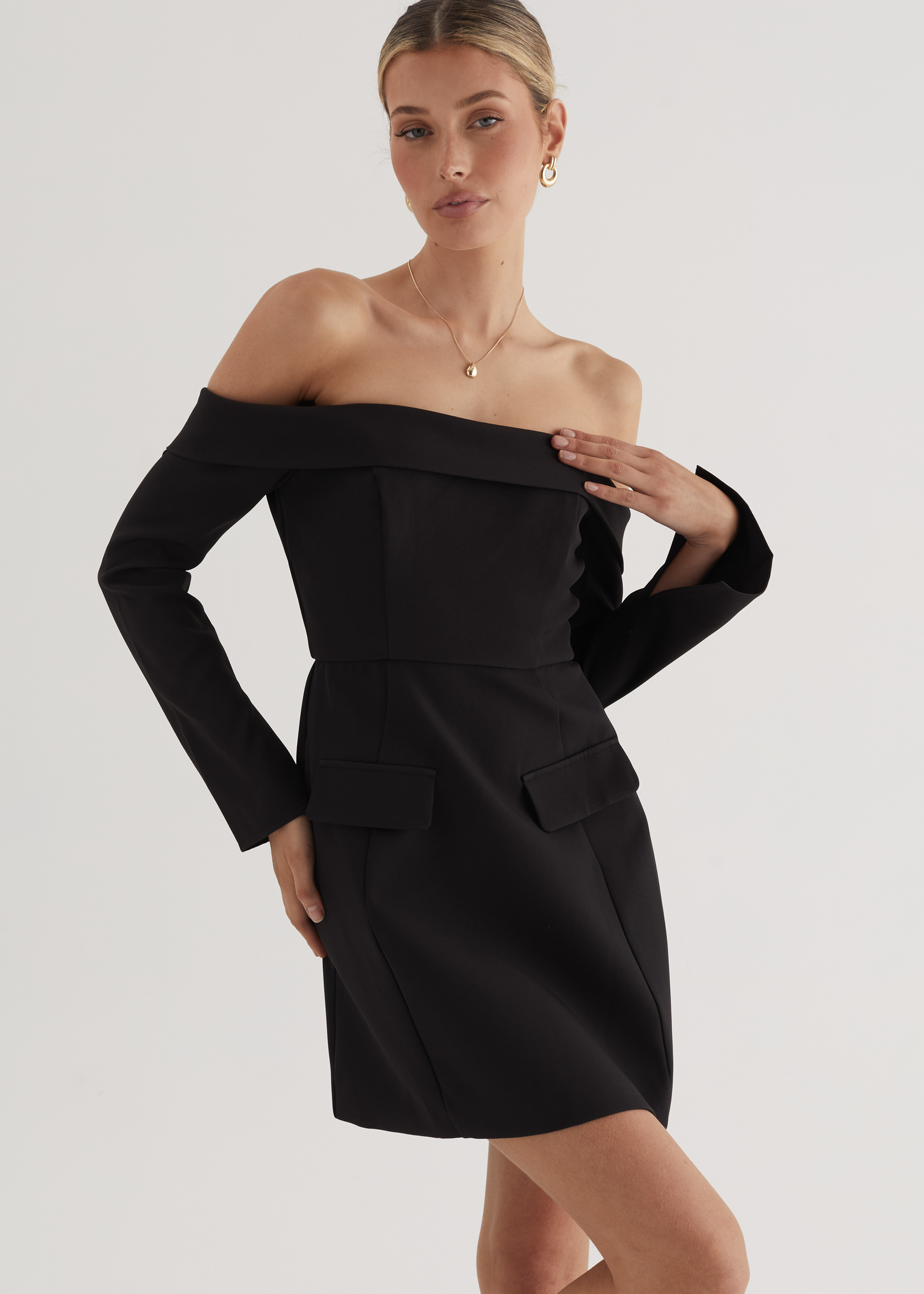 black gingham off the shoulder dress Santiago Off Shoulder Dress