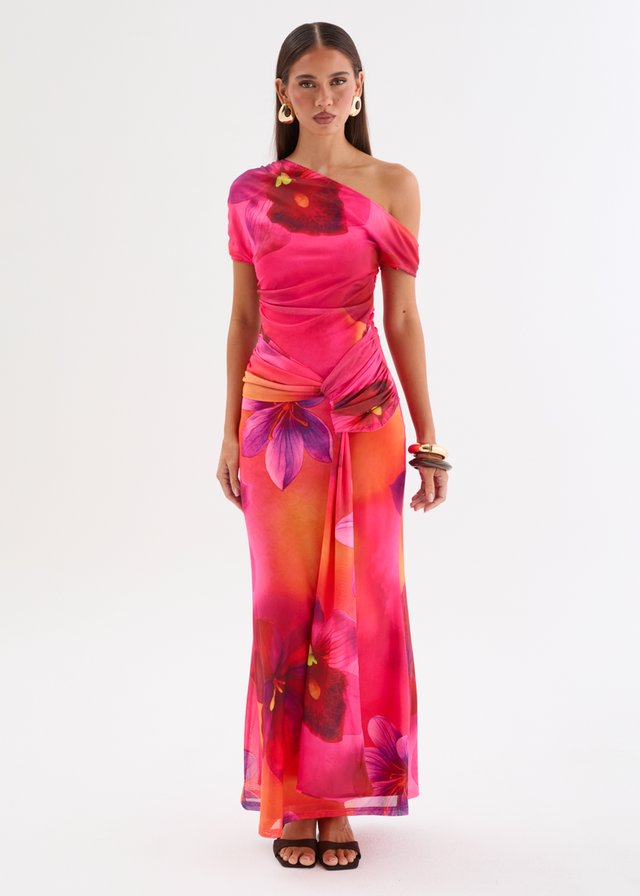 Monica Mesh Drop Shoulder Maxi Dress - Pink Floral
