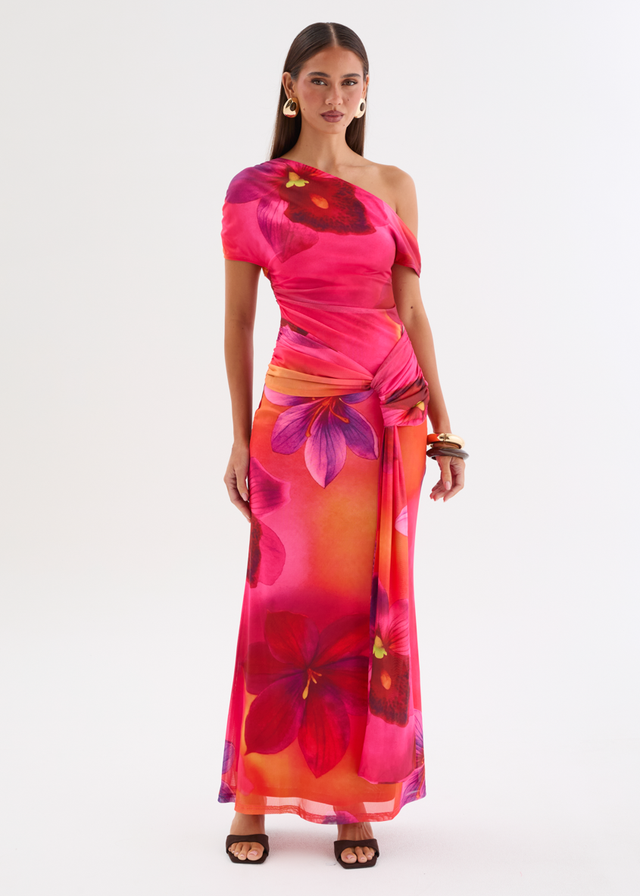 Monica Mesh Drop Shoulder Maxi Dress - Pink Floral