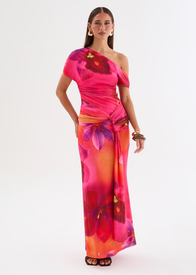 Monica Mesh Drop Shoulder Maxi Dress - Pink Floral