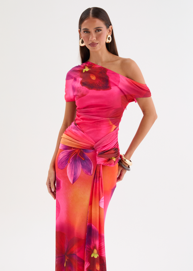 Monica Mesh Drop Shoulder Maxi Dress - Pink Floral