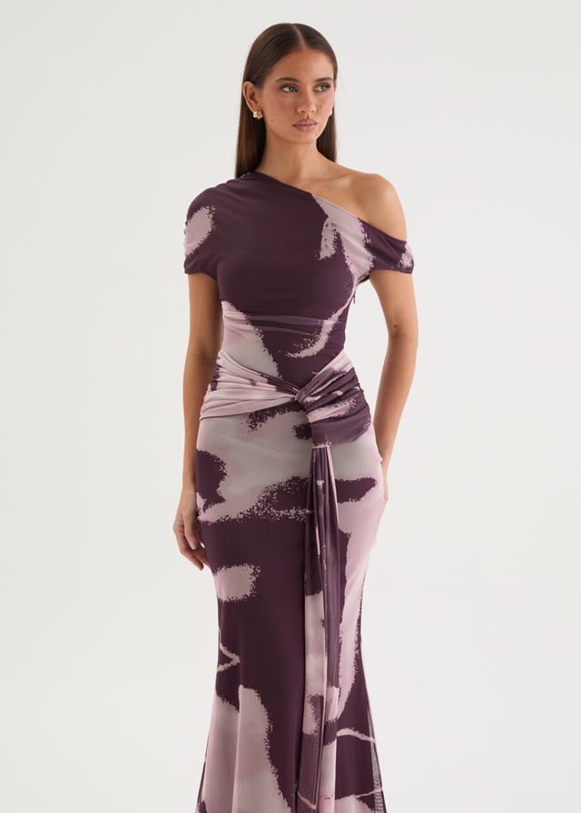 Monica Mesh Drop Shoulder Maxi Dress - Acai Abstract