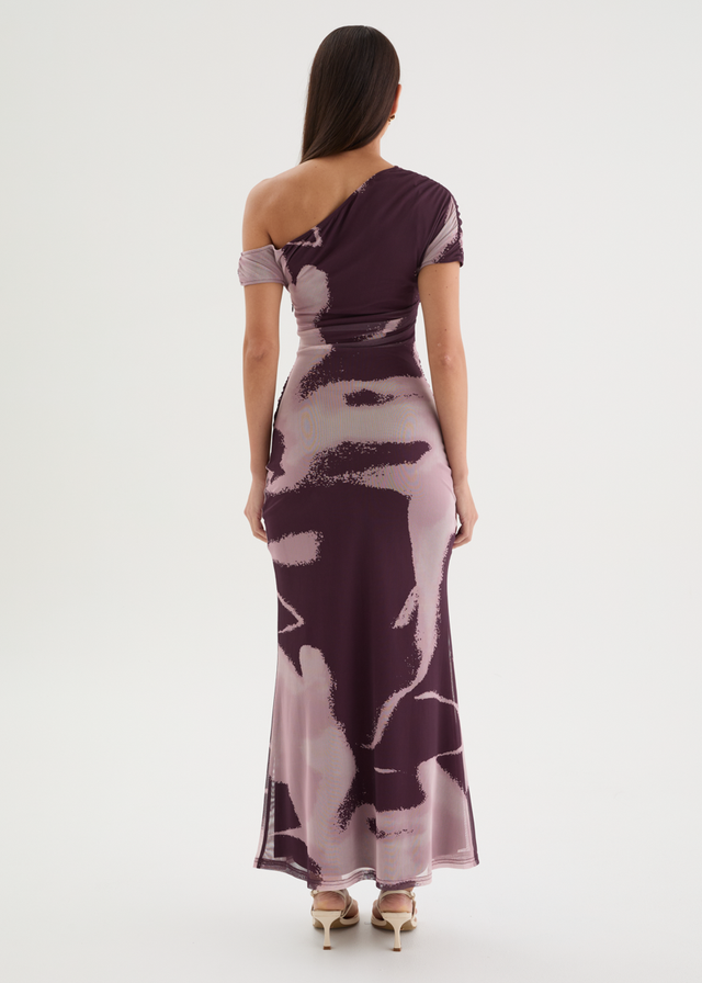 Monica Mesh Drop Shoulder Maxi Dress - Acai Abstract