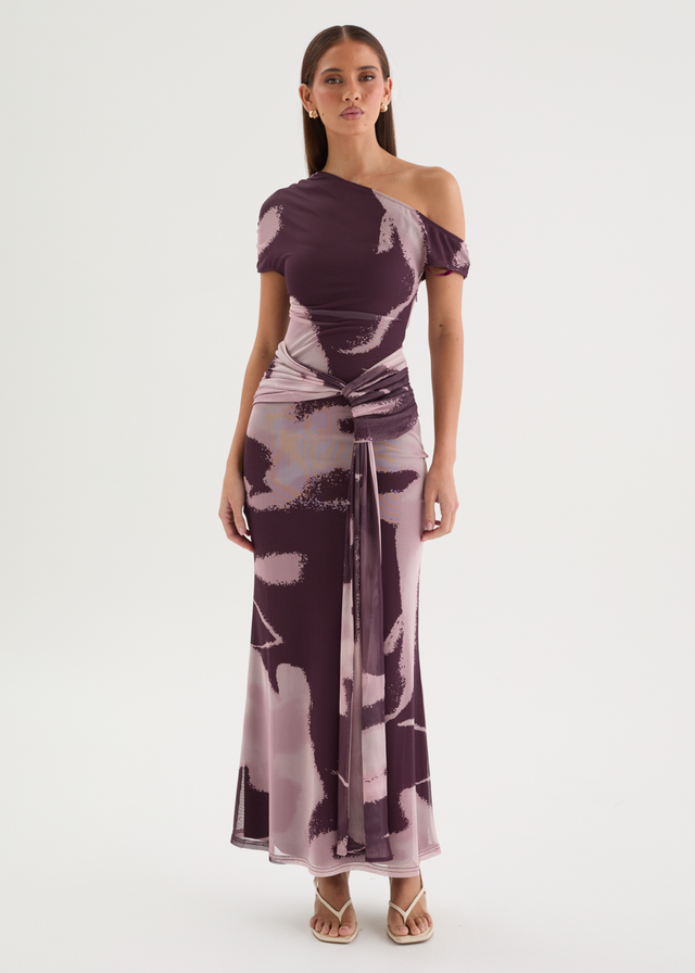 Monica Mesh Drop Shoulder Maxi Dress - Acai Abstract