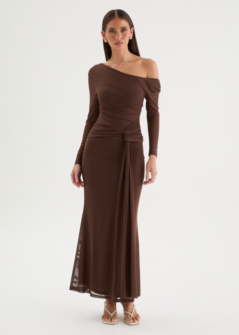 overfold off shoulder mesh long sleeve long dress Monte Mesh Drop Shoulder Maxi Dress