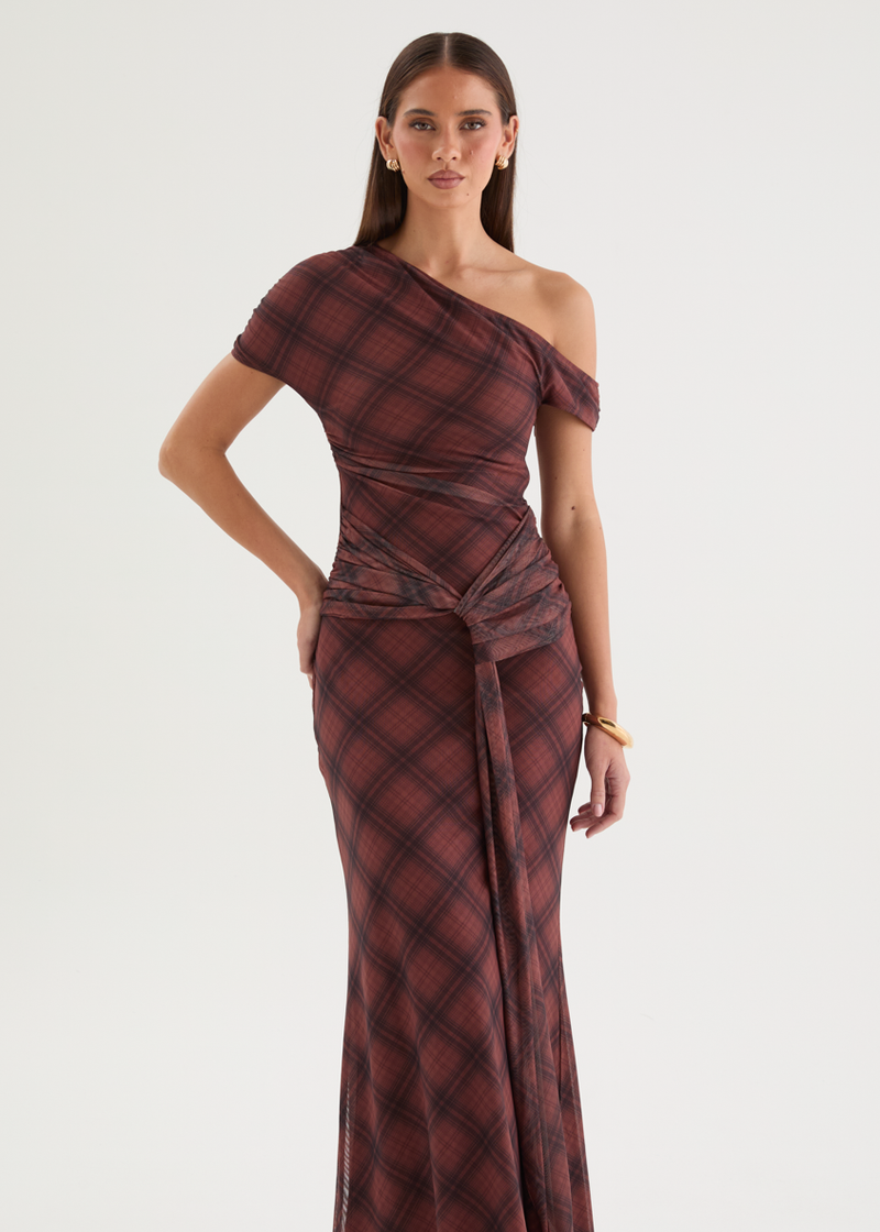 Monica Mesh Drop Shoulder Maxi Dress - Brown Check – Gingham & Heels