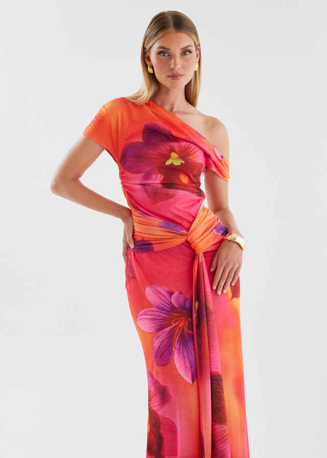 Monica Mesh Drop Shoulder Maxi Dress - Pink Floral