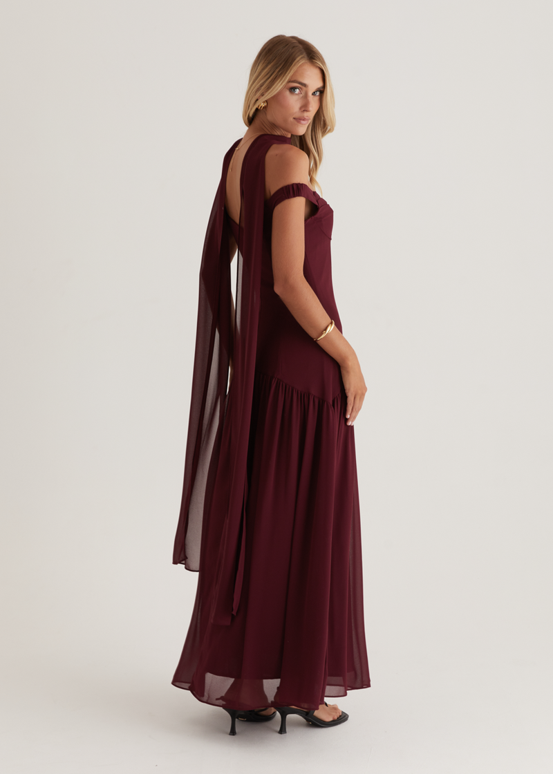 genie maxi dress - off the shoulder dress in wine Kirah Off Shoulder Maxi Dress