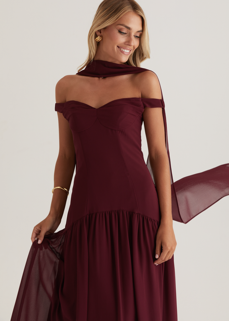 genie maxi dress off the shoulder dress in wine Sundown Secrets Off Shoulder Maxi Dress Wine