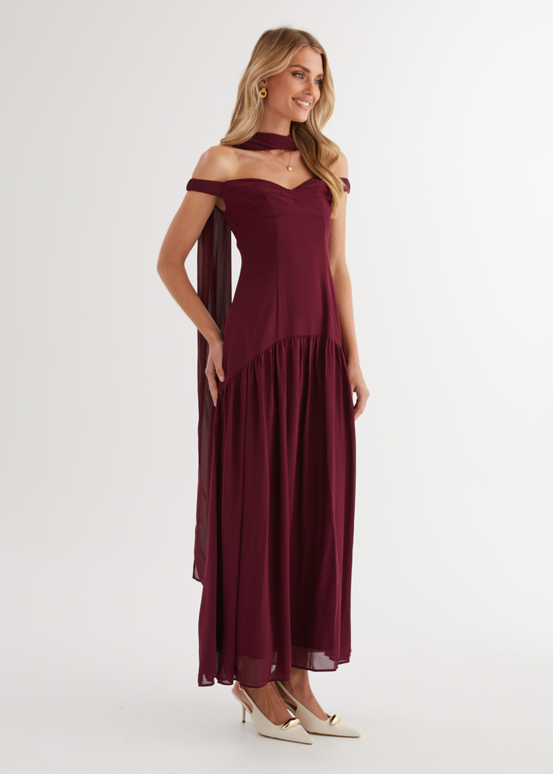 genie maxi dress - off the shoulder dress in wine genie maxi dress - off the shoulder dress in wine Josie Off Shoulder Mesh  Maxi Dress / Wine