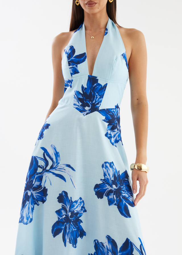 Ricky Halter Maxi Dress - Blue Flowers Gingham & Heels Ricky Halter Maxi Dress - Blue Flowers Gingham & Heels