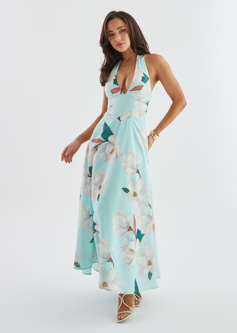 mint floral halter dress Mint Floral Halter Neck Maxi Dress With Slit