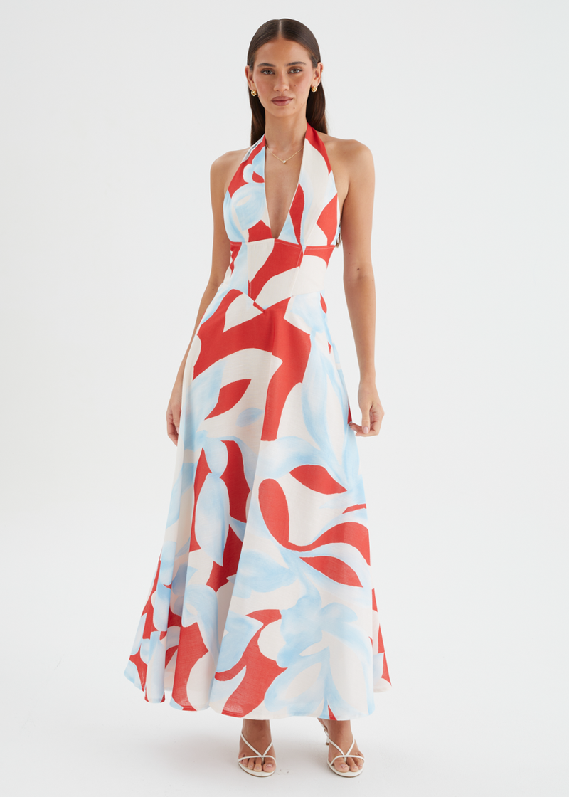 Ricky Halter Maxi Dress - Red Abstract Gingham & Heels Ricky Halter Maxi Dress - Red Abstract Gingham & Heels