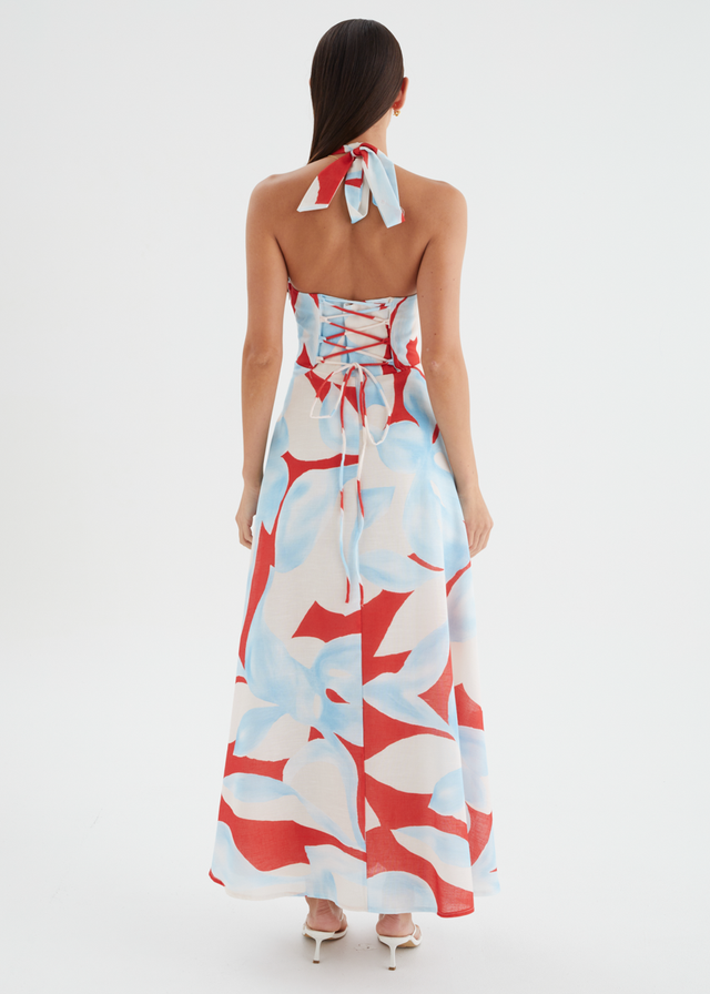 Ricky Halter Maxi Dress - Red Abstract