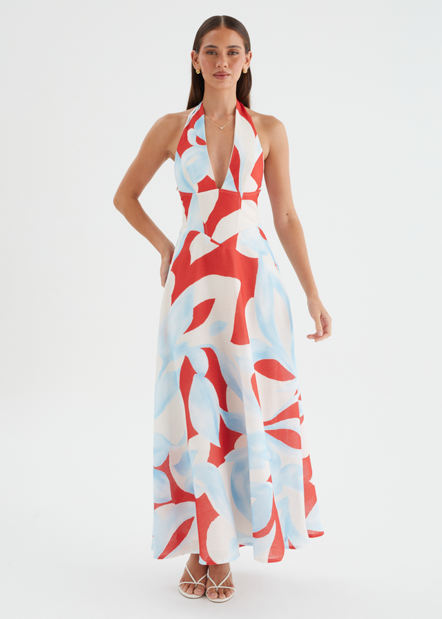 Ricky Halter Maxi Dress - Red Abstract