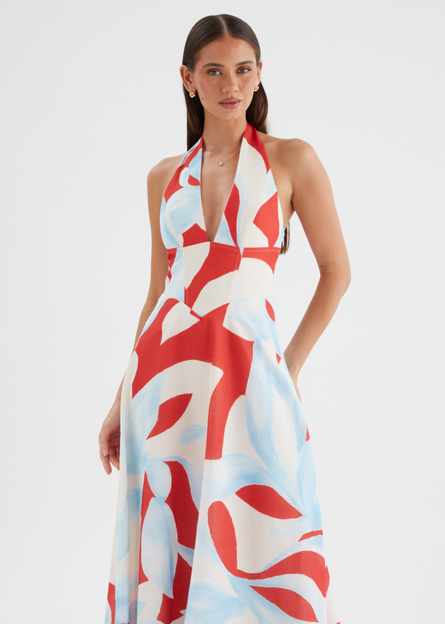 Ricky Halter Maxi Dress - Red Abstract