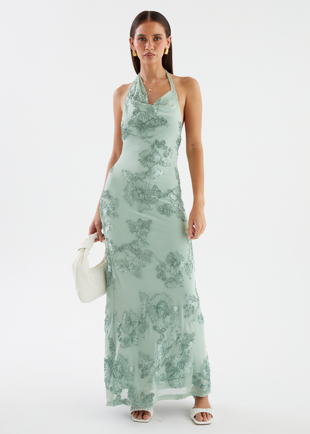 Tess Halter Mesh Maxi Dress - Sage Embroidered