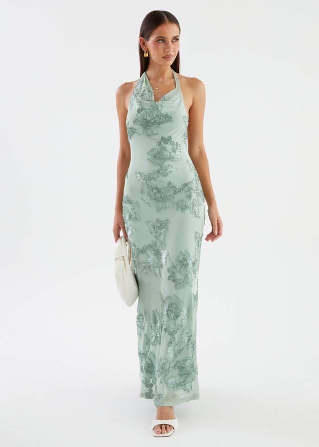 Tess Halter Mesh Maxi Dress - Sage Embroidered