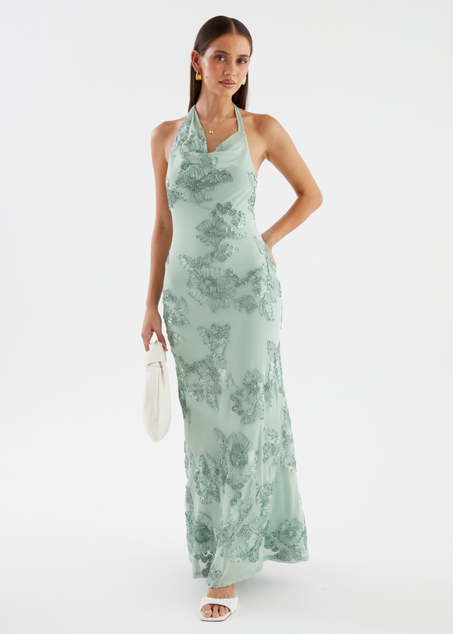 Tess Halter Mesh Maxi Dress - Sage Embroidered