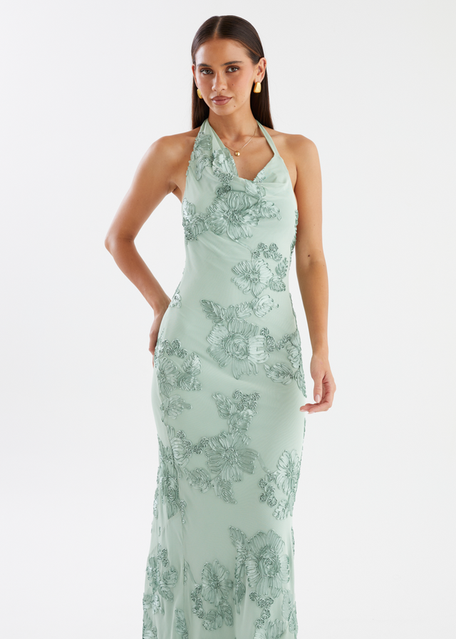 Tess Halter Mesh Maxi Dress - Sage Embroidered