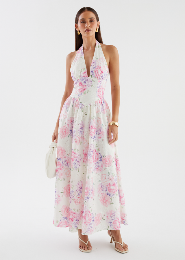 Afia Halter Embroidered Maxi Dress - Pink Flowers