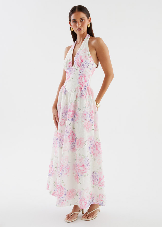 Afia Halter Embroidered Maxi Dress - Pink Flowers