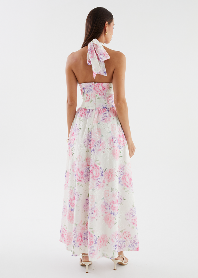 Afia Halter Embroidered Maxi Dress - Pink Flowers