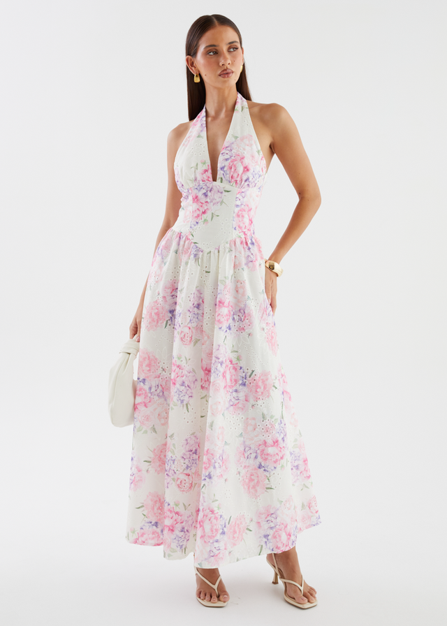 Afia Halter Embroidered Maxi Dress - Pink Flowers