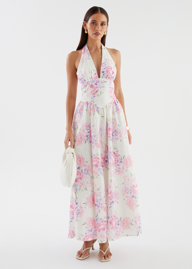 Afia Halter Embroidered Maxi Dress - Pink Flowers