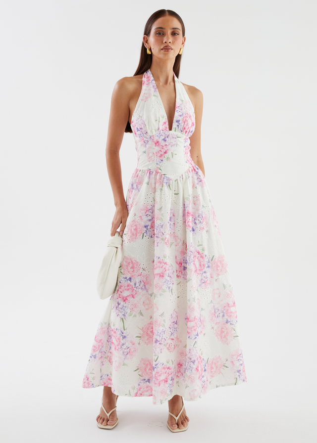 Afia Halter Embroidered Maxi Dress - Pink Flowers