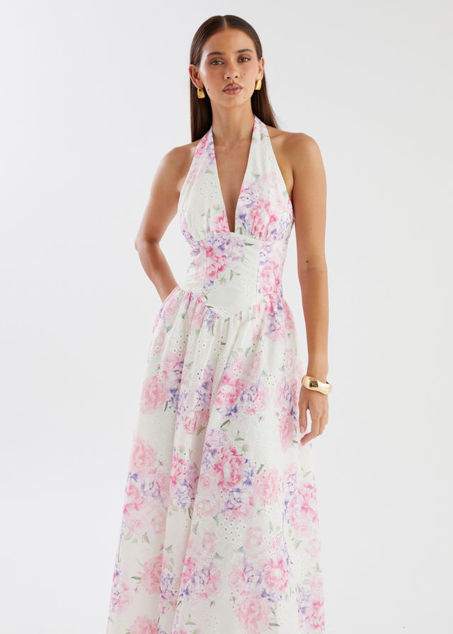 Afia Halter Embroidered Maxi Dress - Pink Flowers