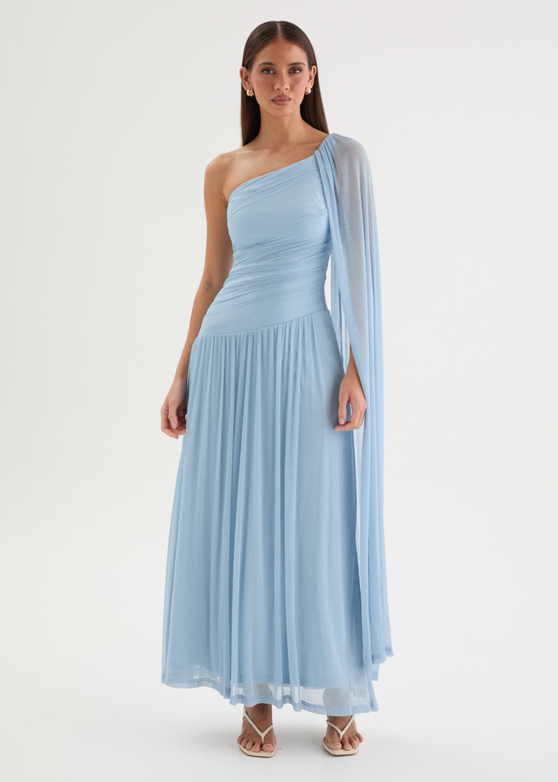 Anjie One Shoulder Mesh Maxi Dress - Glacier Blue Gingham & Heels Anjie One Shoulder Mesh Maxi Dress - Glacier Blue Gingham & Heels