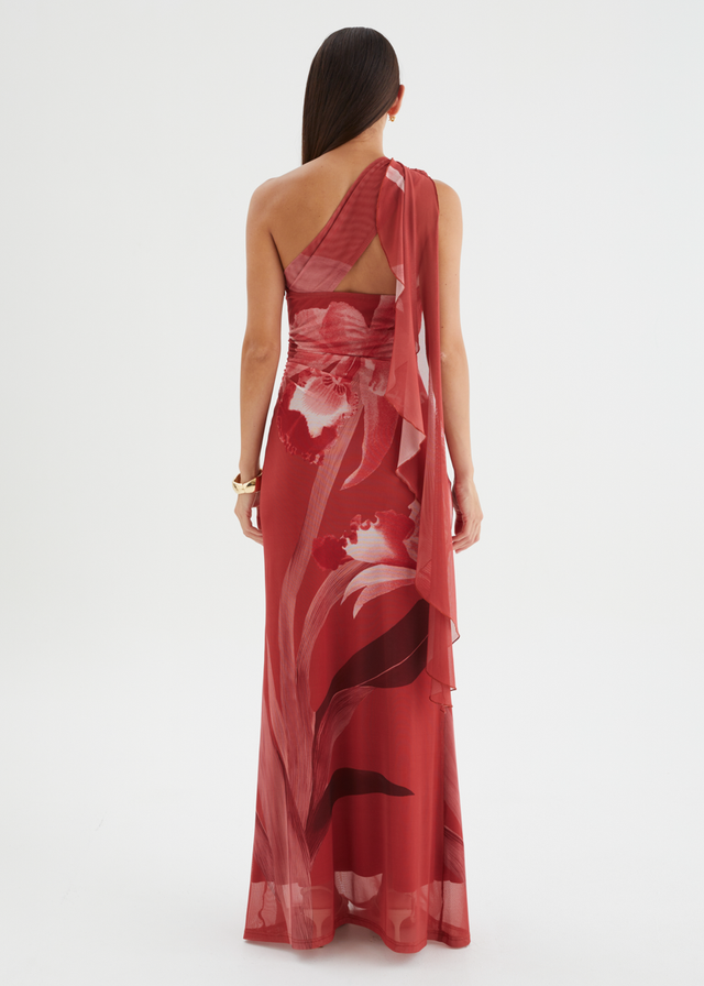 Anjy One Shoulder Mesh Maxi Dress - Strawberry Bloom