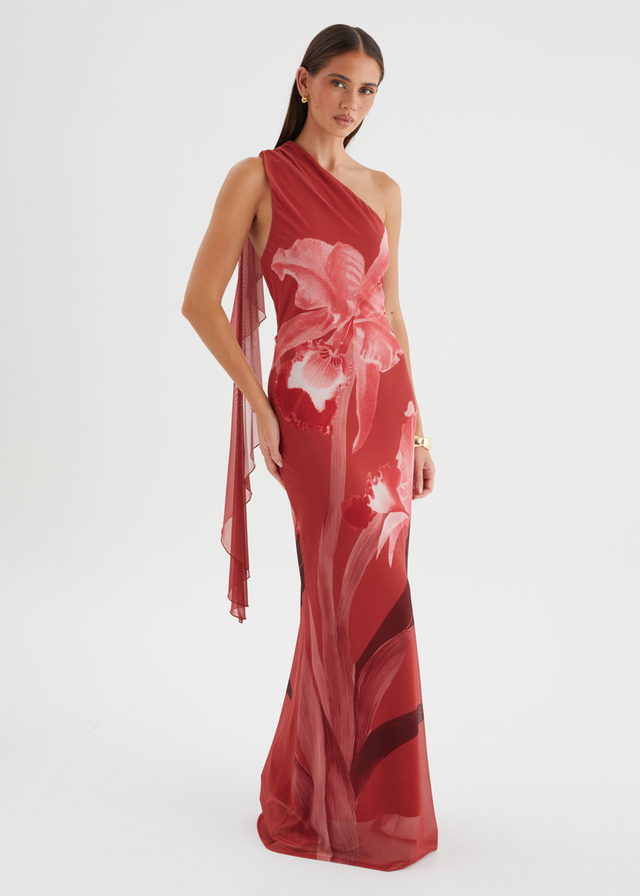 Anjy One Shoulder Mesh Maxi Dress - Strawberry Bloom