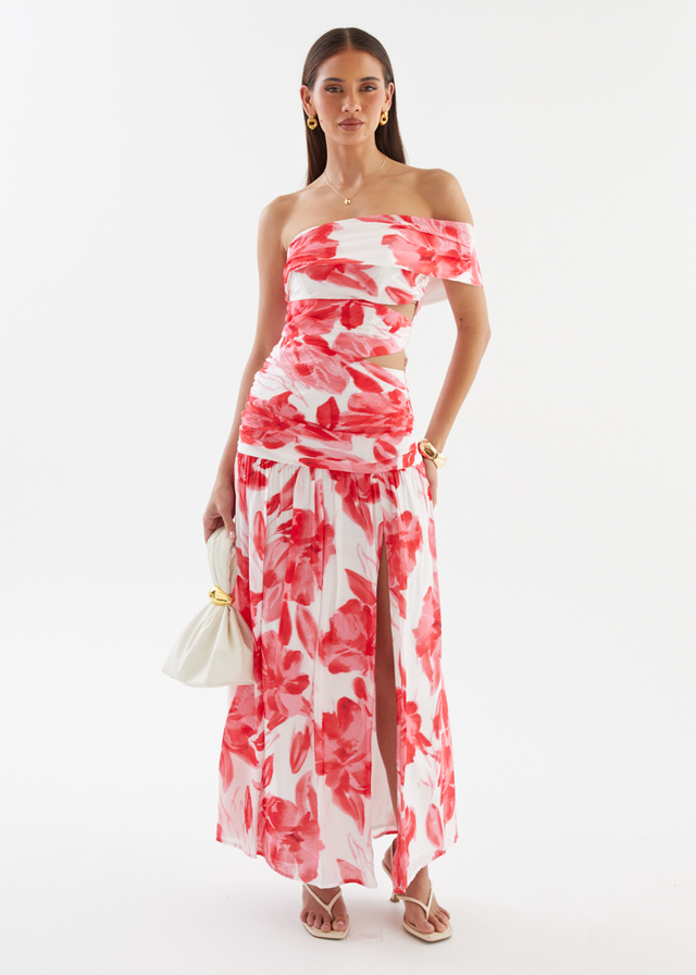 Shari One Shoulder Maxi Dress - Red Flowers