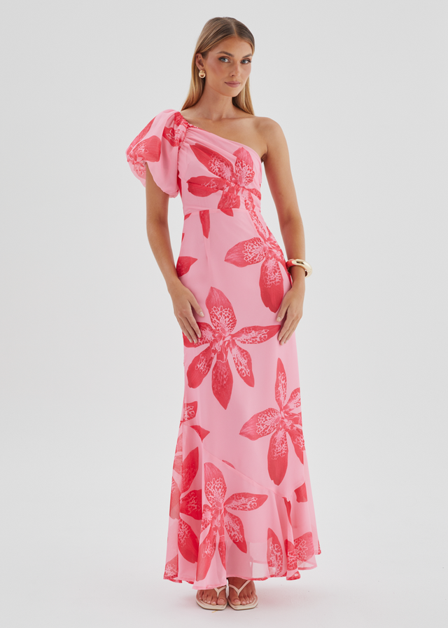 Kiah One Shoulder Maxi Dress - Pink Flowers