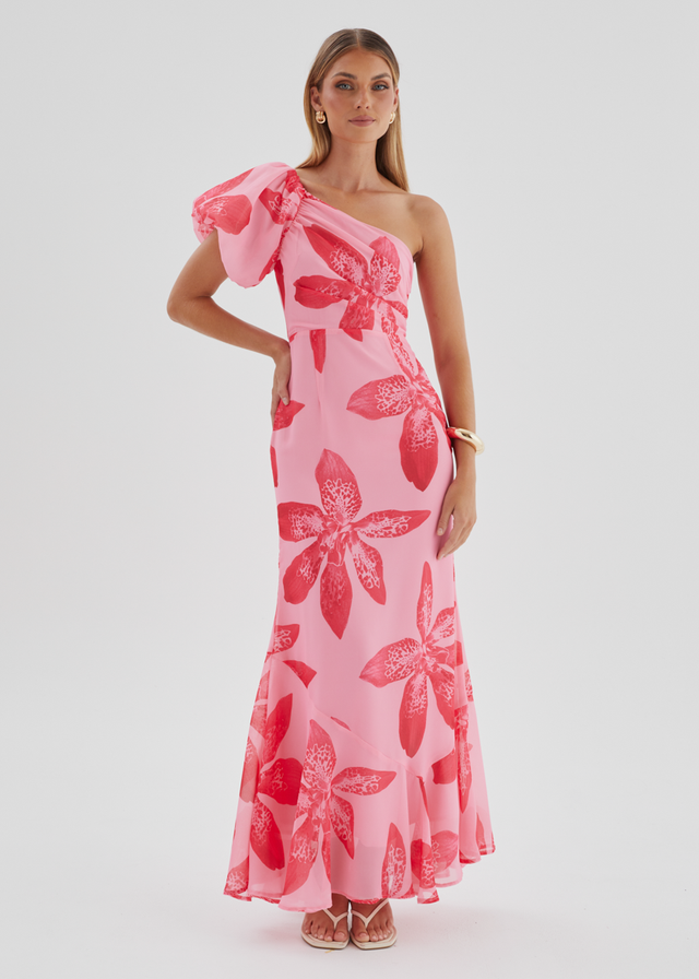 Kiah One Shoulder Maxi Dress - Pink Flowers