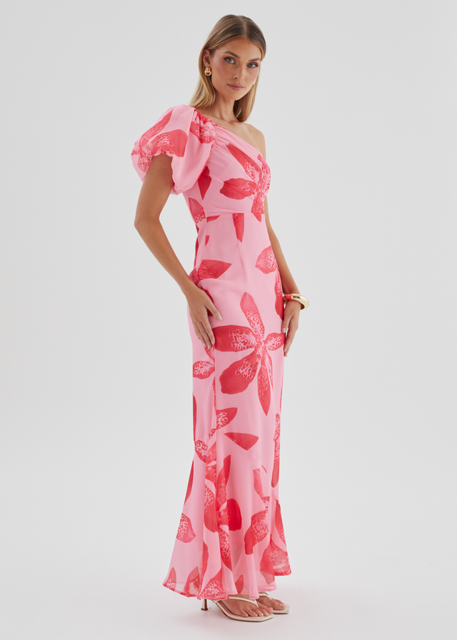 Kiah One Shoulder Maxi Dress - Pink Flowers