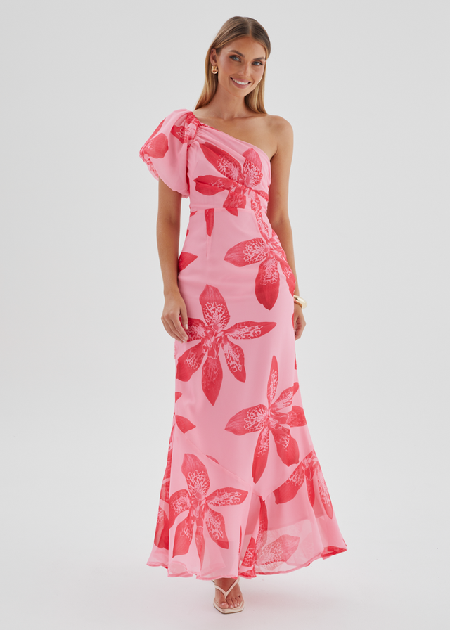 Kiah One Shoulder Maxi Dress - Pink Flowers