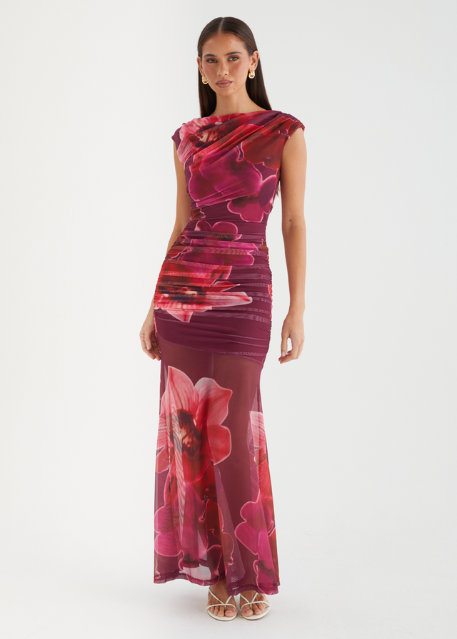 Alya Mesh Maxi Dress - Pomegranate Bloom