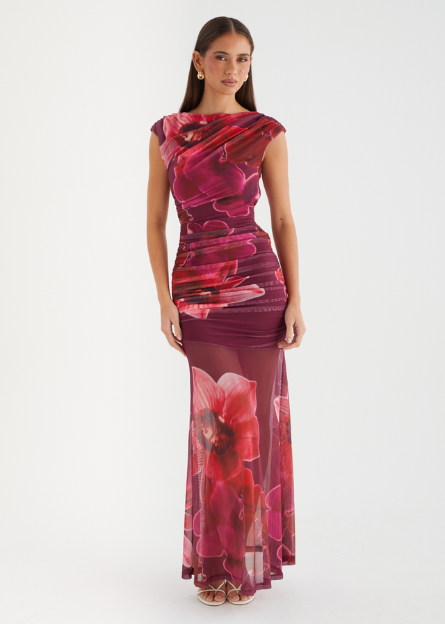 Alya Mesh Maxi Dress - Pomegranate Bloom