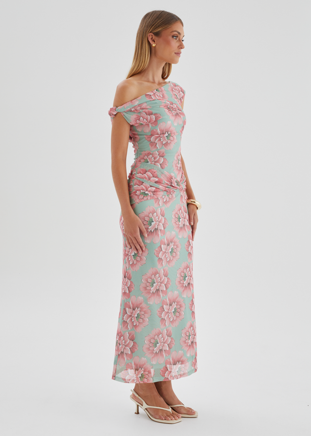 Lovise Drop Shoulder Mesh Maxi Dress - Sage Flowers
