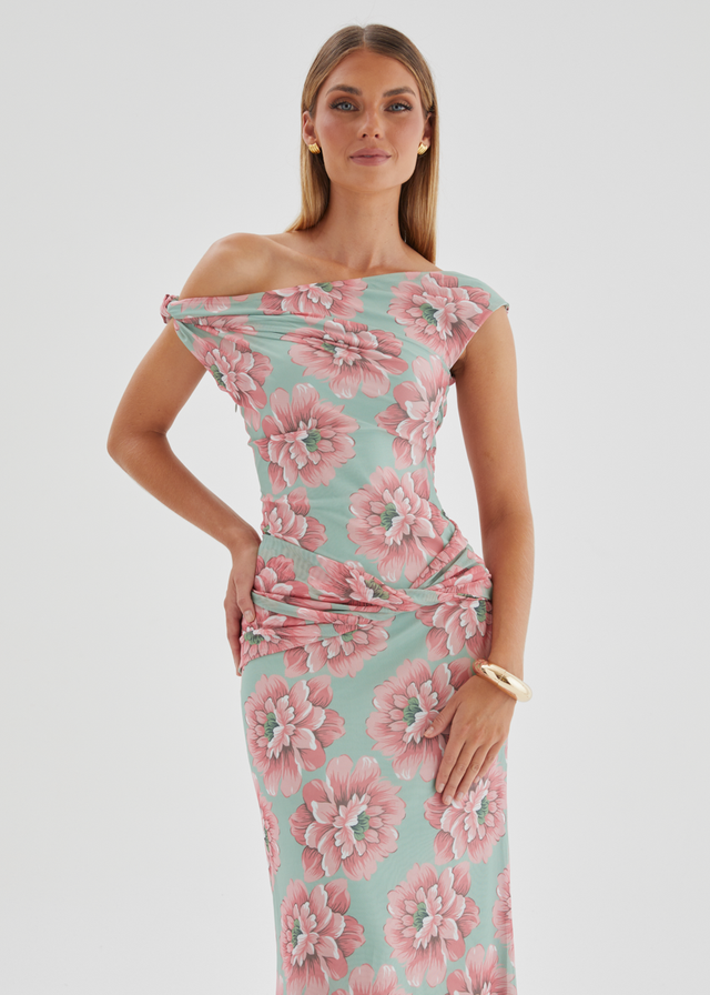 Lovise Drop Shoulder Mesh Maxi Dress - Sage Flowers