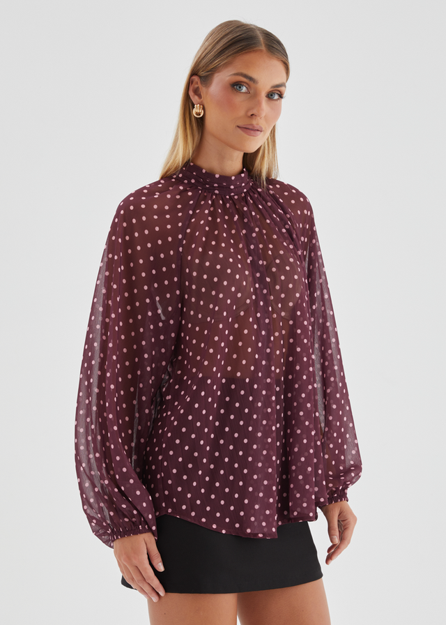 Deborah Blouse - Burgundy Polka Dot